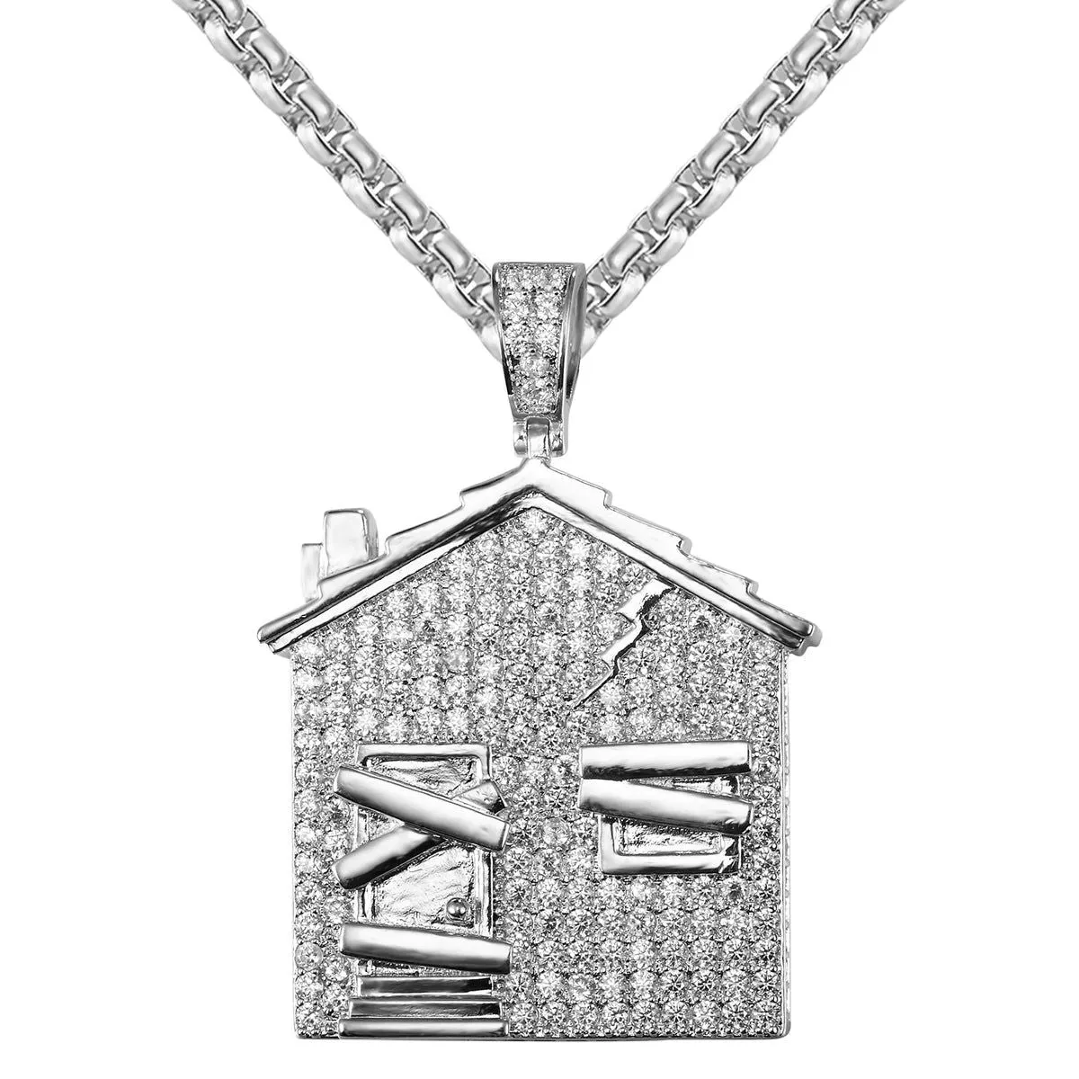 Mens Trap House Pendant Custom Piece Icy Hip Hop Charm Chain Combo Set sold by Master Of Bling
