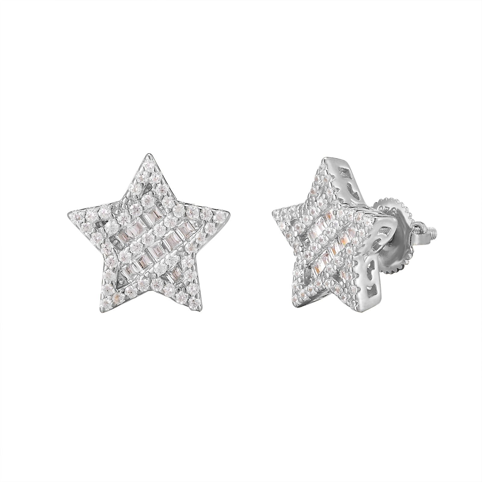 3 Row Baguette Star Icy 3D Sterling Silver Earrings sold by Master Of Bling