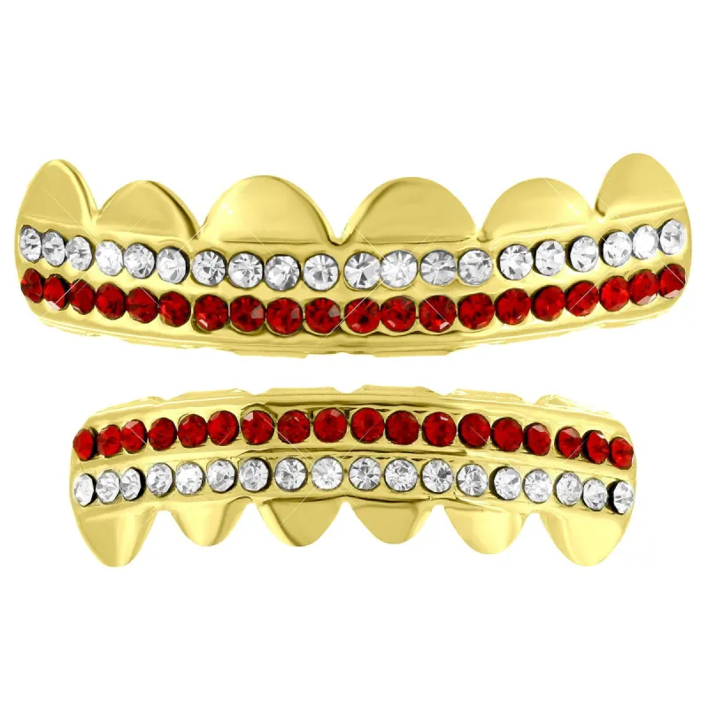 14k Yellow Finish Grillz Red White Lab Diamond Hip Hop Set sold by Master Of Bling