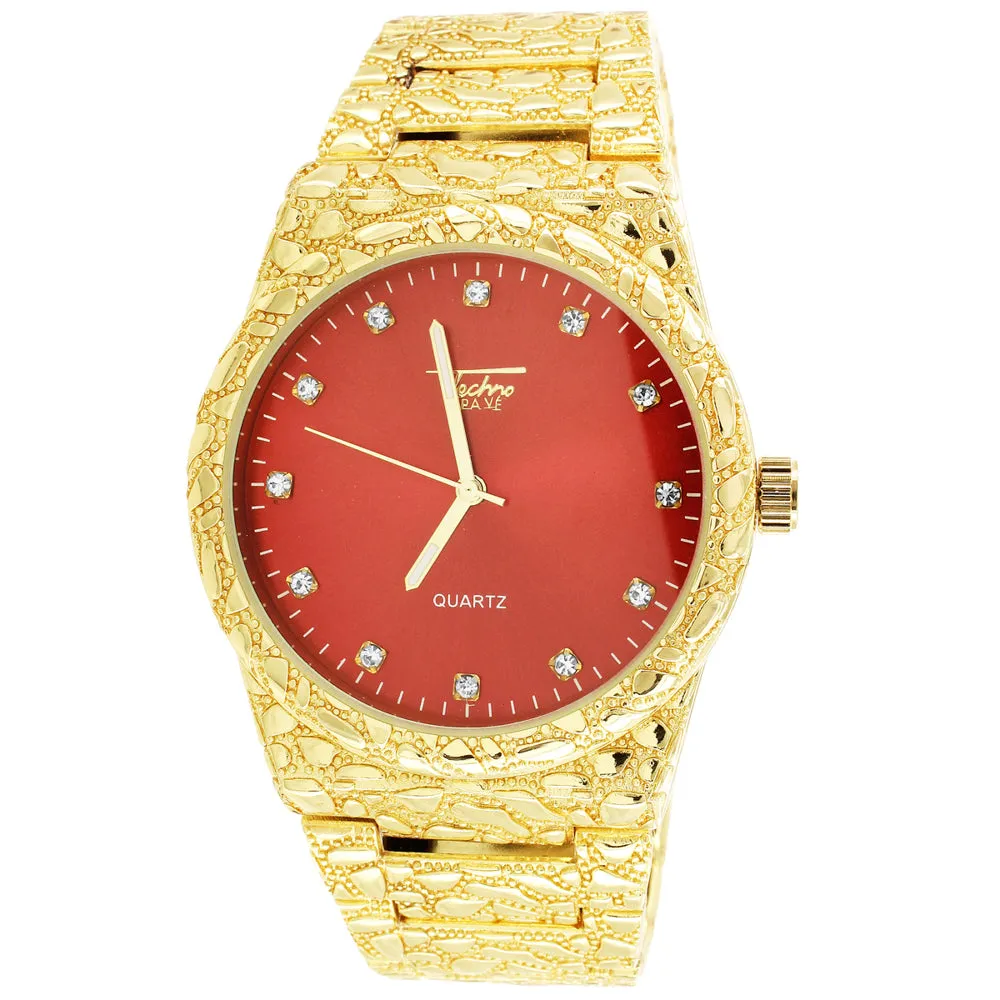 Mens Nugget Style Red Face Techno Pave Gold Finish Watch sold by Master Of Bling