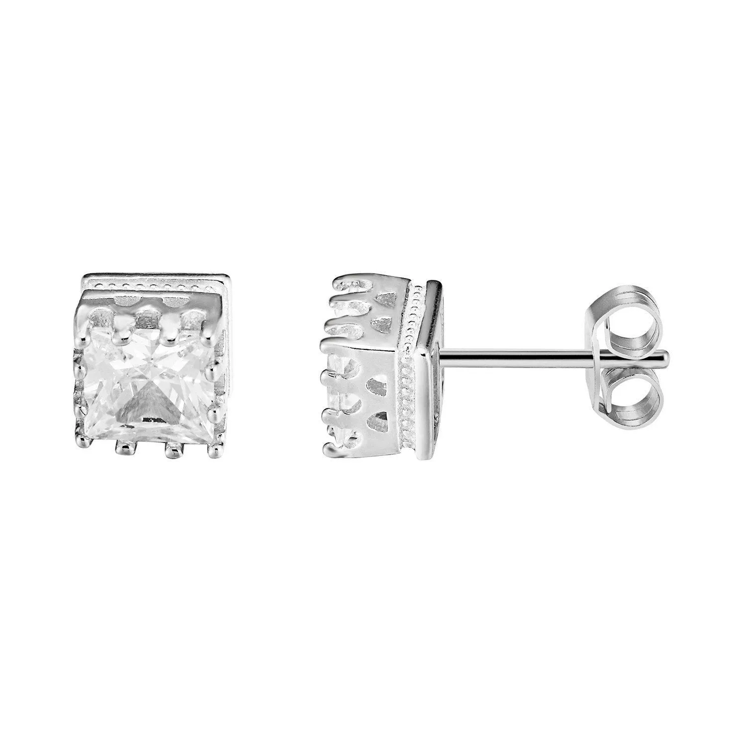 Bling Designer Square Shape Clear Solitaire Prong Sterling Silver Stud Earrings sold by Master Of Bling