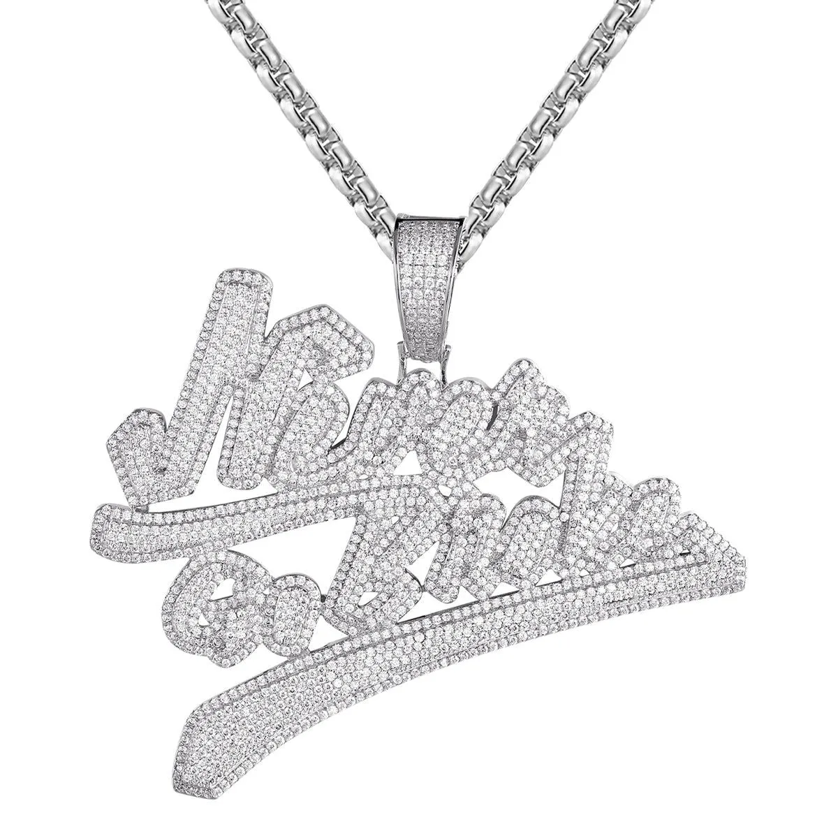 14K White Gold Tone Never Go Broke Icy Hip Hop Pendant sold by Master Of Bling