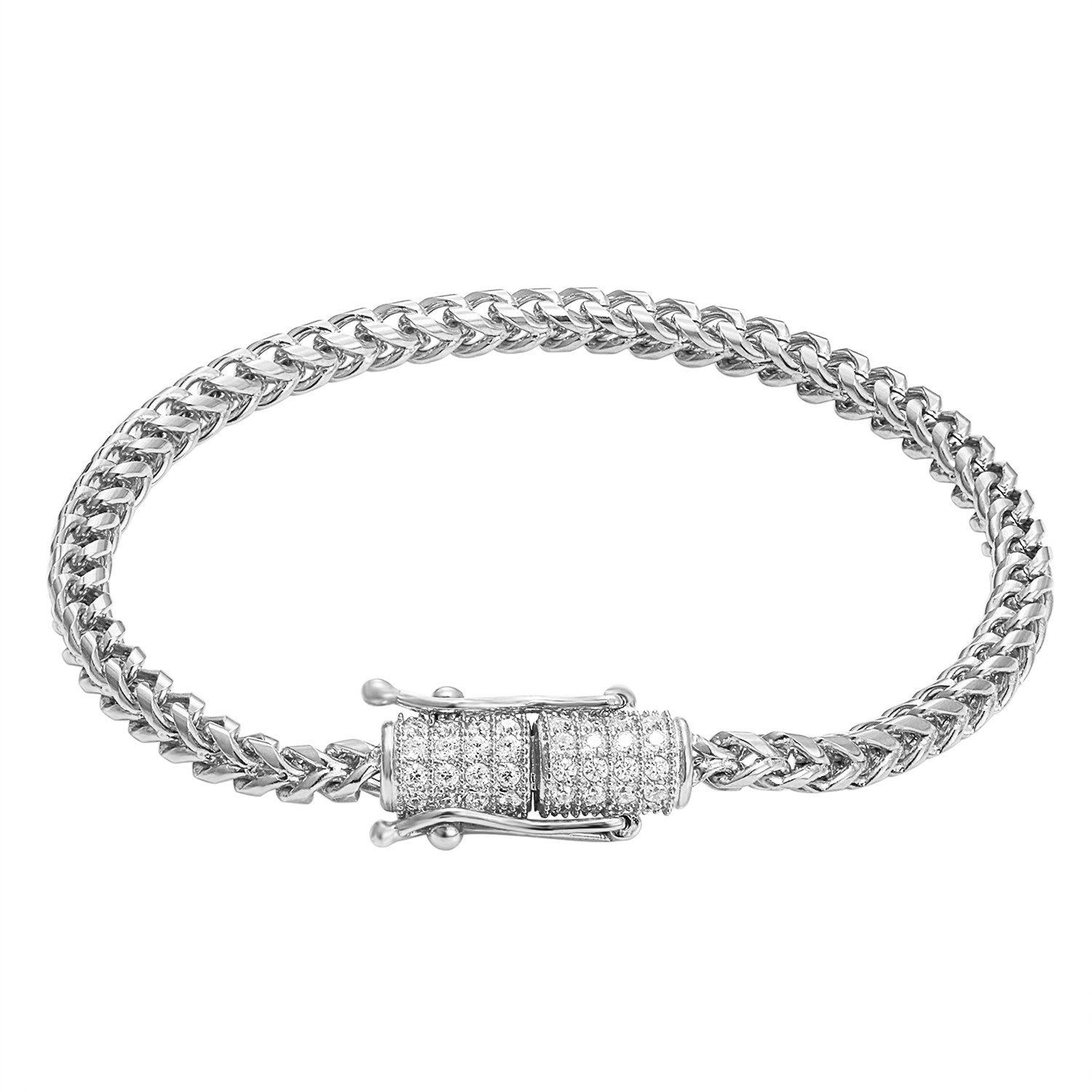 Stainless Steel 14k White Gold Finish Franco Link Bracelet Designer Bling Lock sold by Master Of Bling