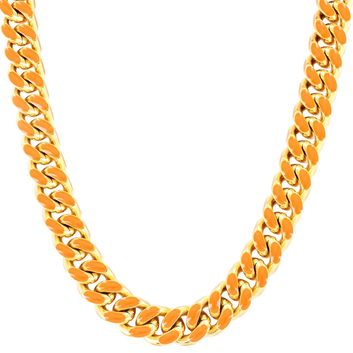 Designer Orange Enamel Stainless Steel Miami Cuban Necklace Chain sold by Master Of Bling
