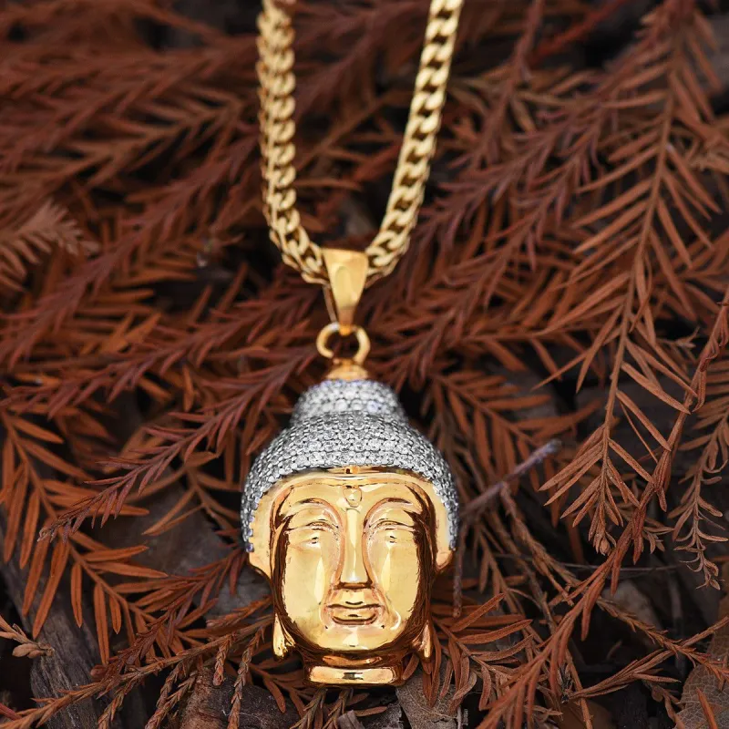 Buddha Head Pendant 18K Gold Finish Franco Necklace Lab Diamonds sold by Master Of Bling