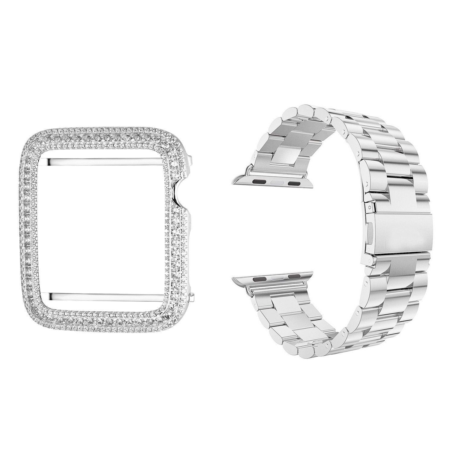 Stainless Steel 14k White Gold Finish 42mm Band & Sterling Silver Bling Bezel Apple Watch sold by Master Of Bling
