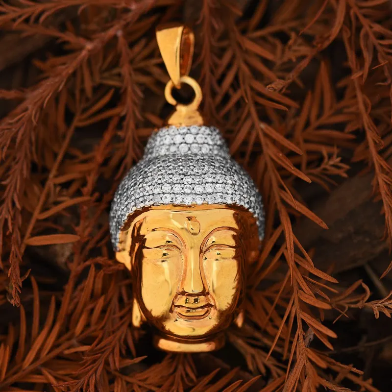 Buddha Face Pendant Lab Diamonds Solid Back 18K Gold Finish made by Master Of Bling