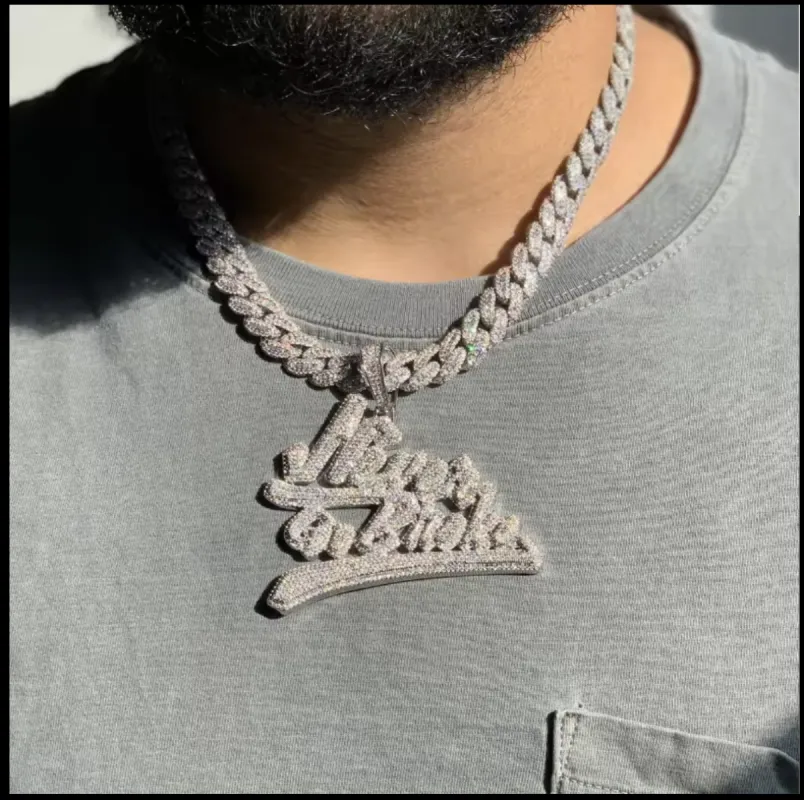 Custom Moissanite Diamond Letter Pendant "Never Go Broke" made by Master Of Bling