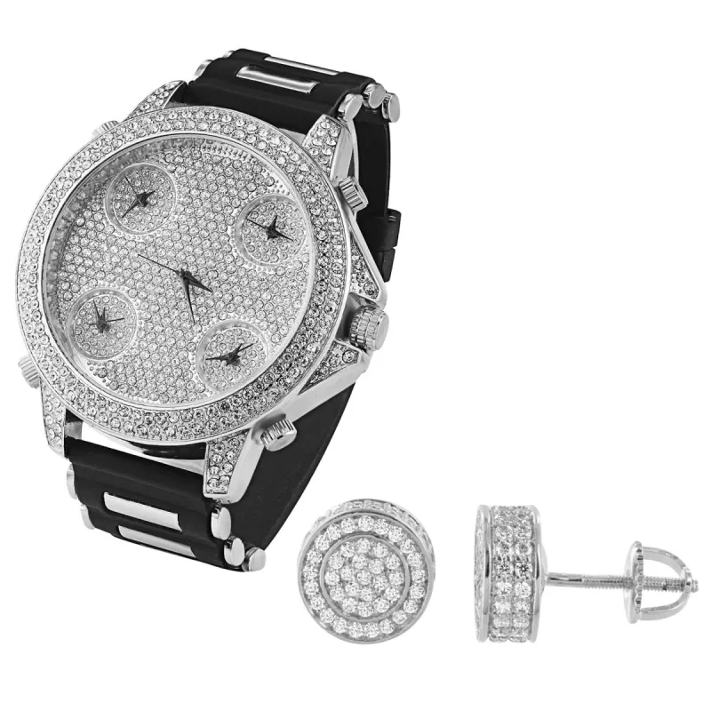 Men's 14k White Gold Tone 5 time Zone watch earrings combo set out sold by Master Of Bling