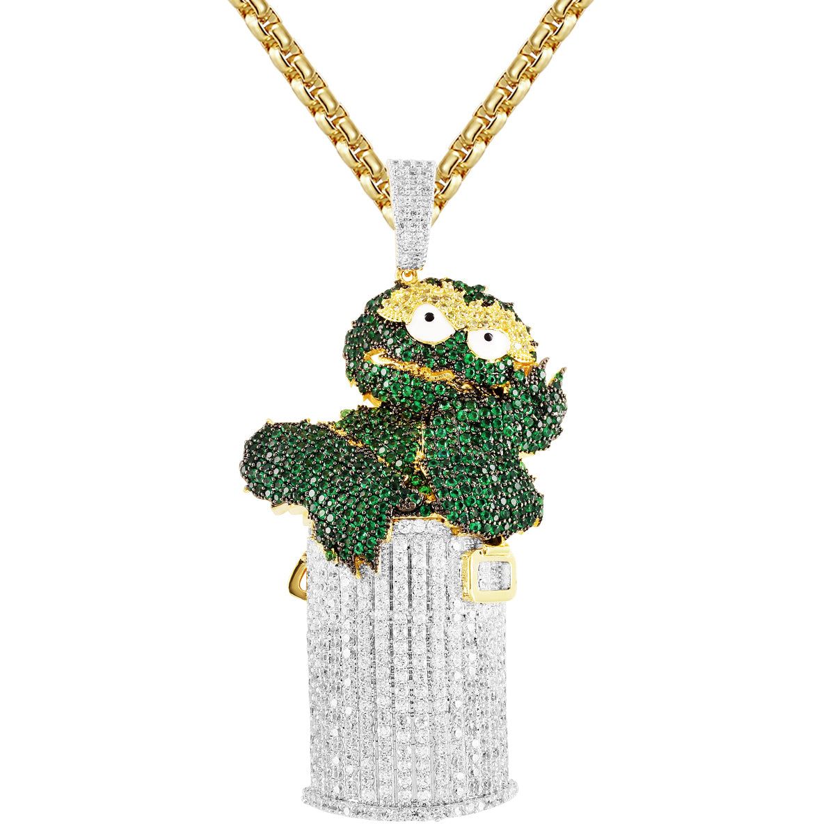 Mens Green Cartoon Character Trash Bin Bling Rapper Pendant sold by Master Of Bling