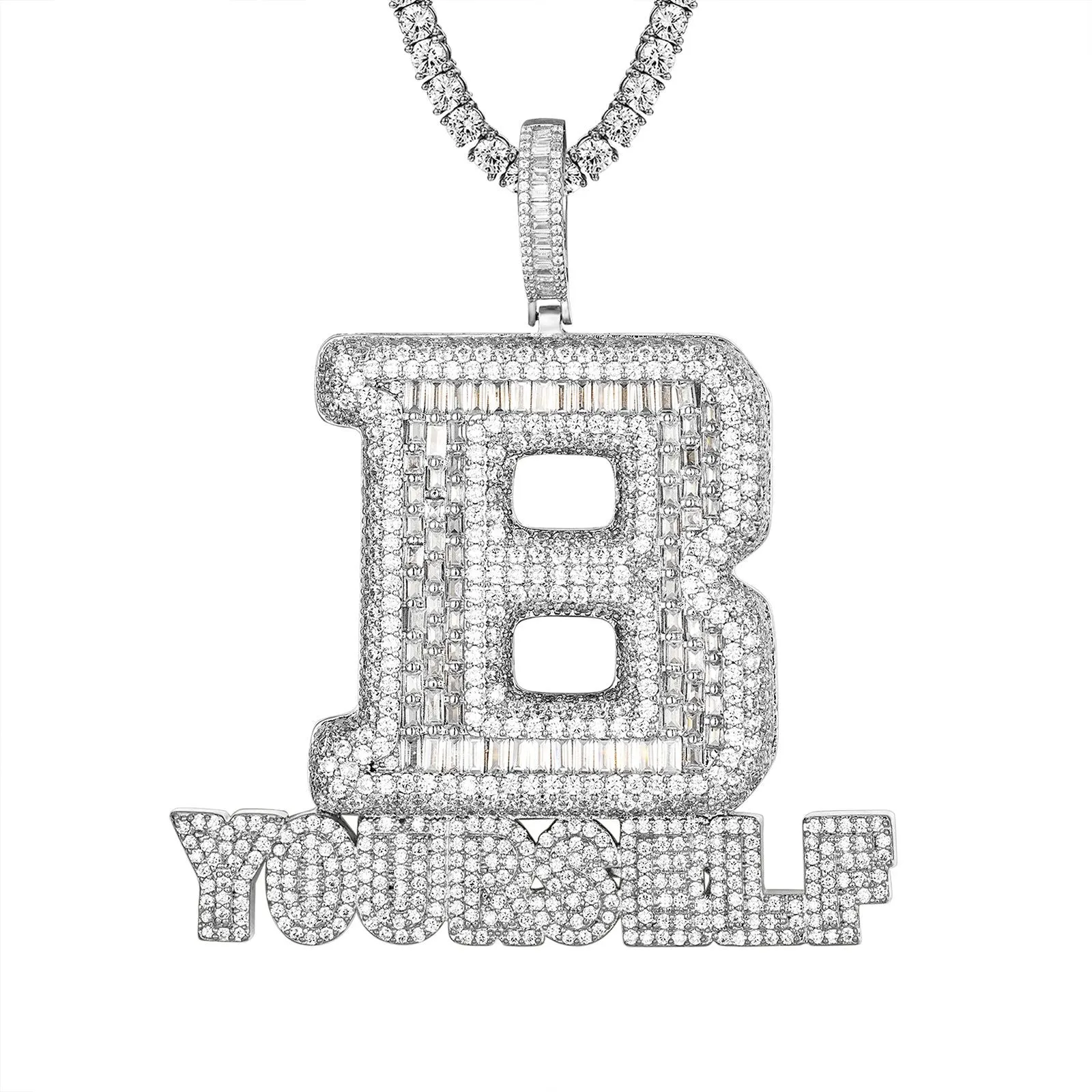 14K White Tone Baguette B Yourself Word Icy Hip Hop Pendant sold by Master Of Bling product image thumbnail 2