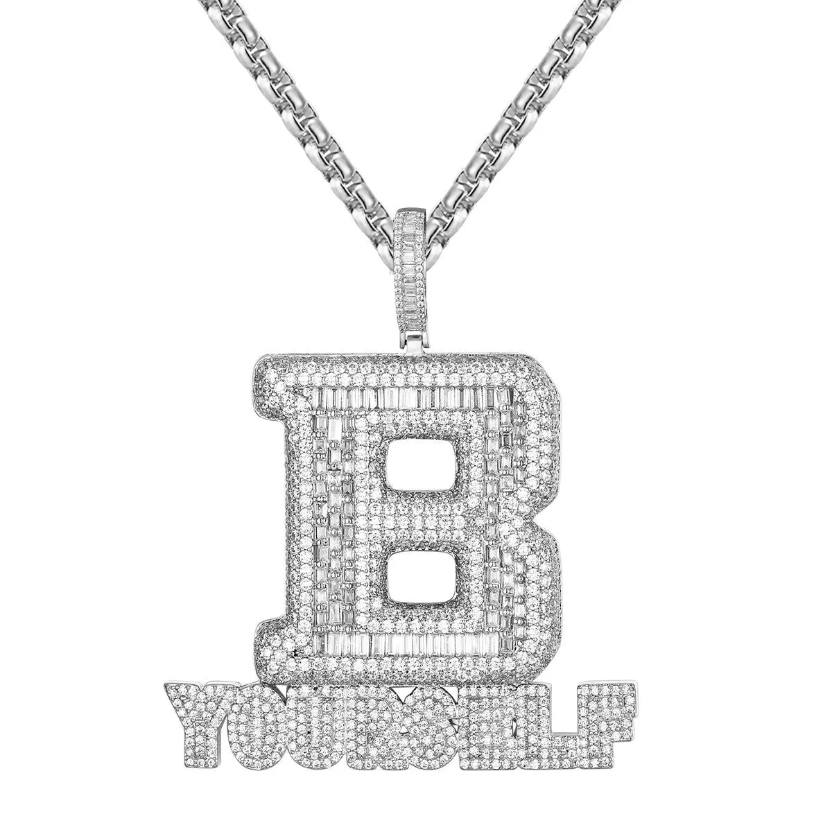 14K White Tone Baguette B Yourself Word Icy Hip Hop Pendant sold by Master Of Bling
