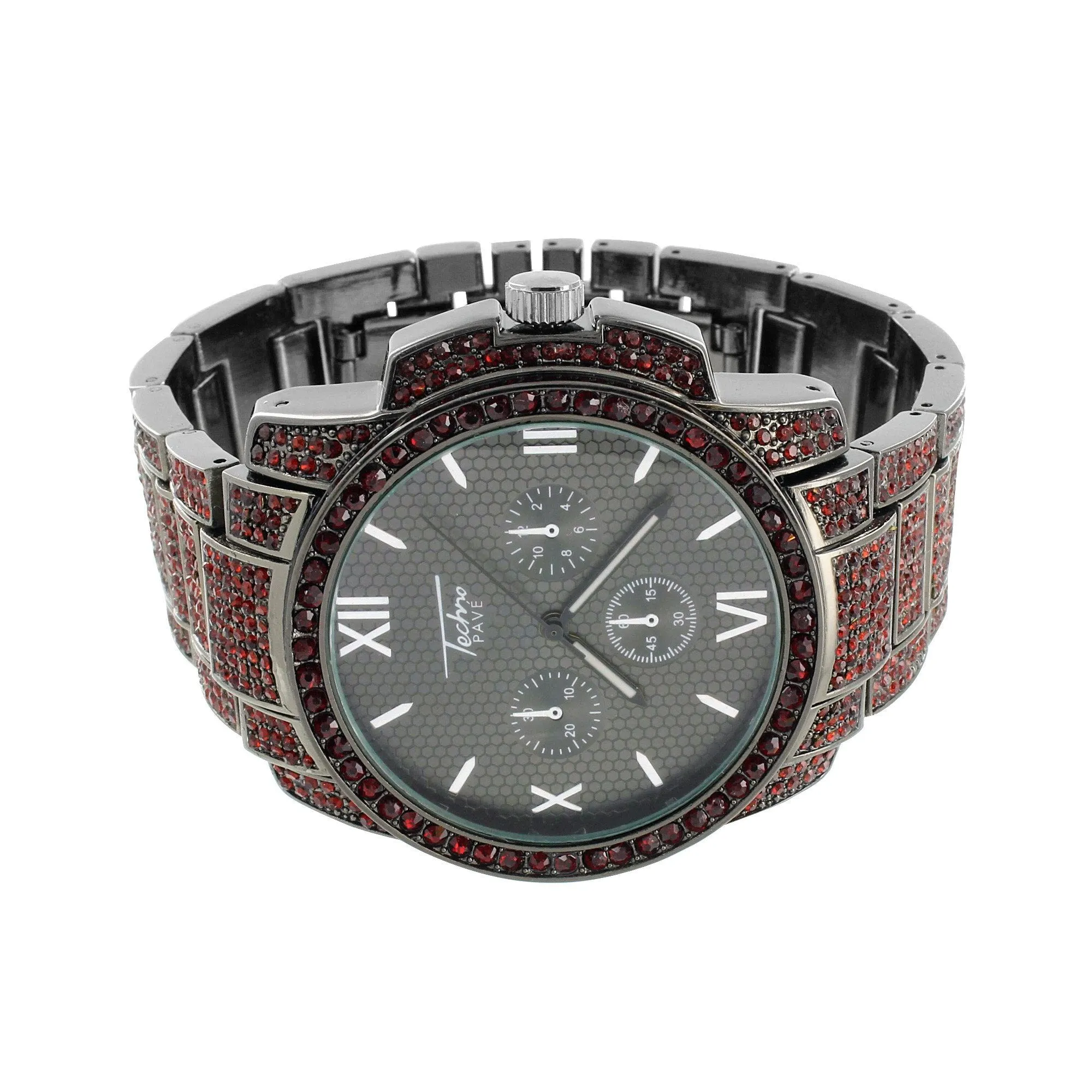 Mens Black Dial Watch Red Simulated Diamonds Jojino Jojo Roman Display sold by Master Of Bling