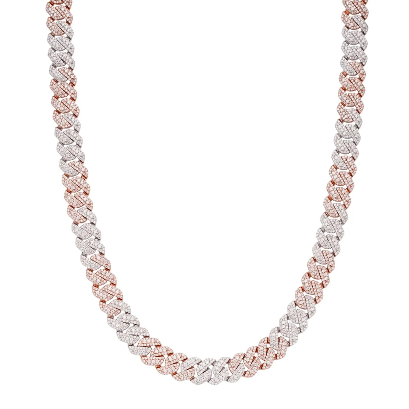 Moissanite Cuban Chain 10mm 2 Tone Rose 925 Silver sold by Master Of Bling