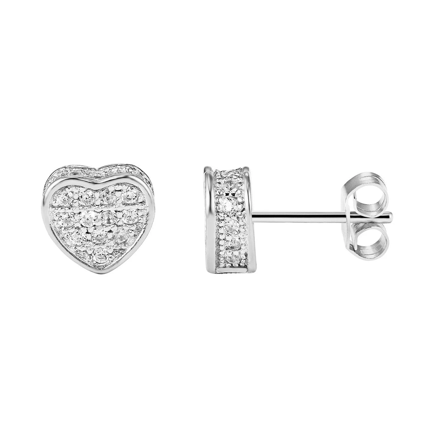 Sterling Silver Designer Fully Bling 14k White Gold Finish Heart Stud Push Back Earrings sold by Master Of Bling