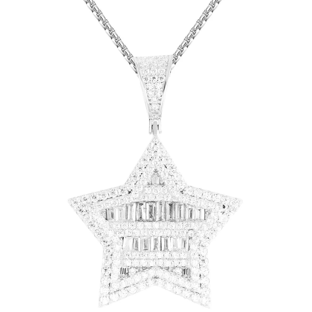 Sterling Silver 3D Sides Baguette Rows Star Pendant sold by Master Of Bling