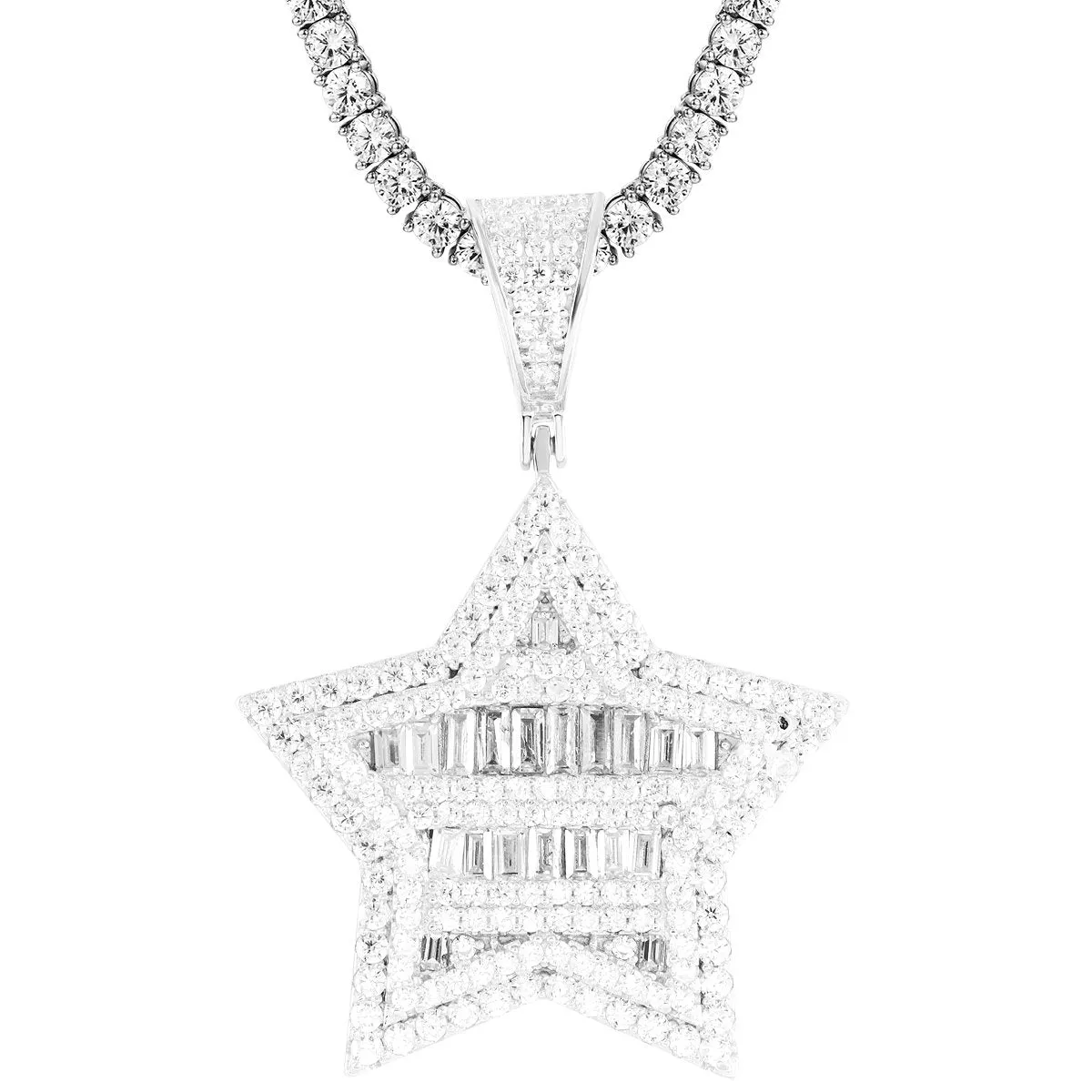 Sterling Silver 3D Sides Baguette Rows Star Pendant sold by Master Of Bling product image thumbnail 2