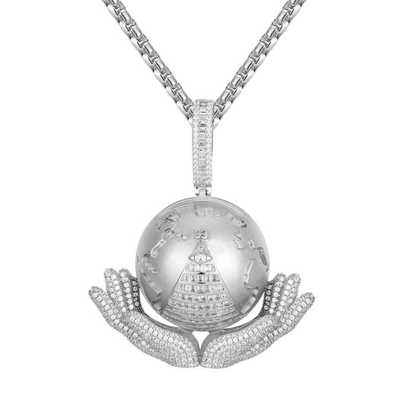 Sterling Silver Icy Hand Holding World Globe Map Baguette Pendant sold by Master Of Bling