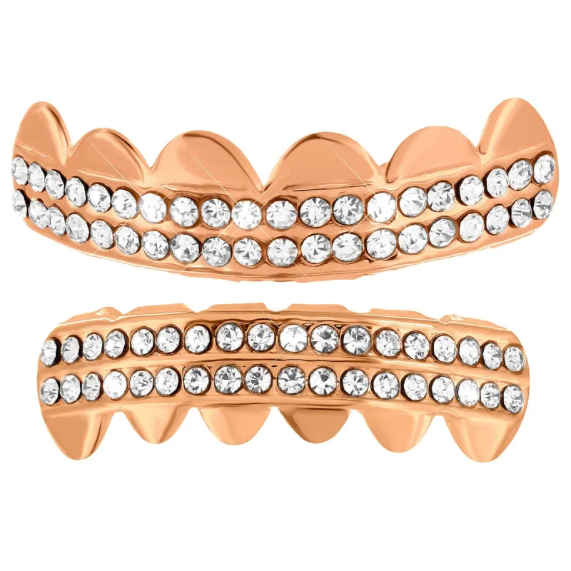 2 Row Top Bottom Set Grillz 14K Rose Gold Finish Lab Diamond sold by Master Of Bling