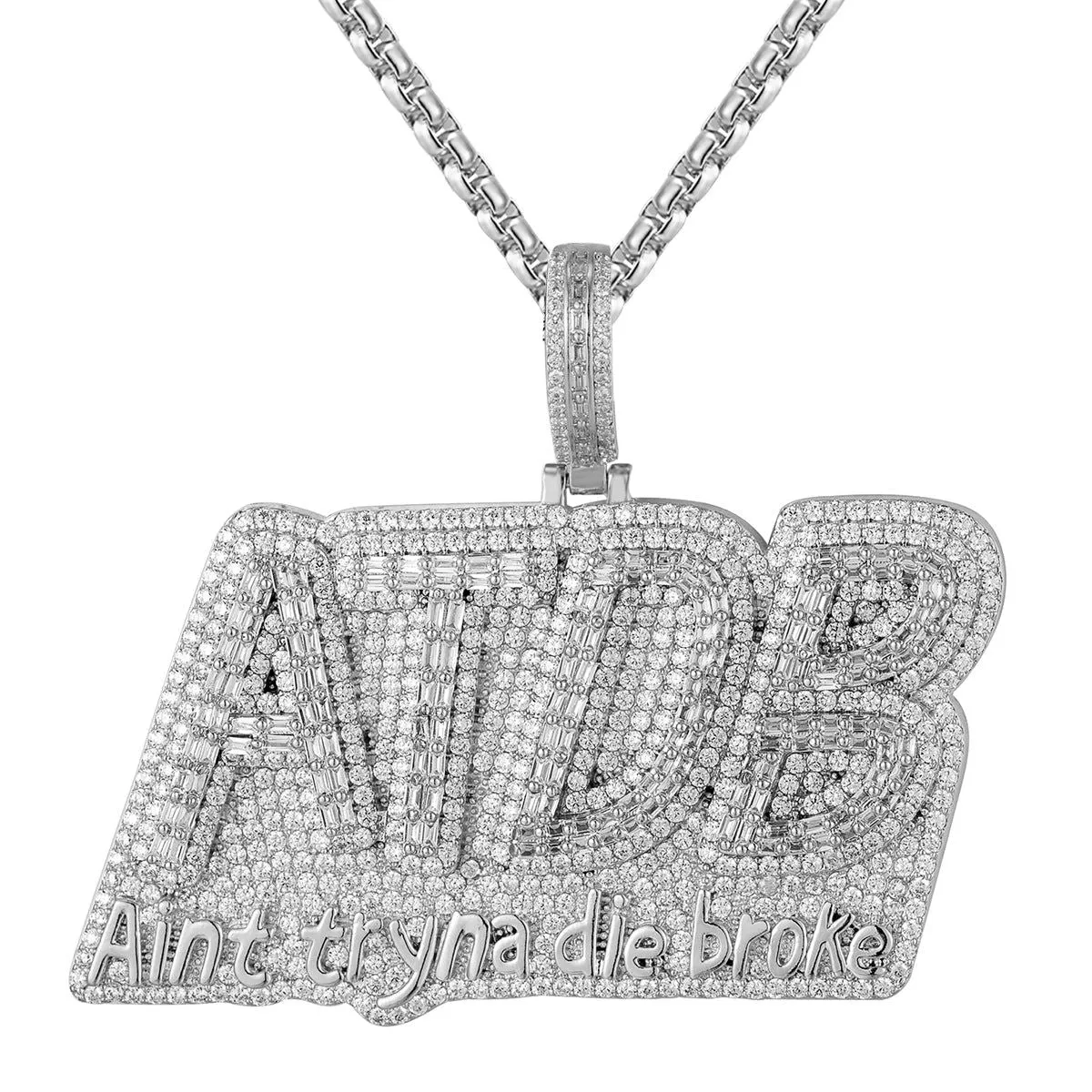 14K White Gold Tone ATDB Aint Tryna Die Broke Custom Pendant sold by Master Of Bling