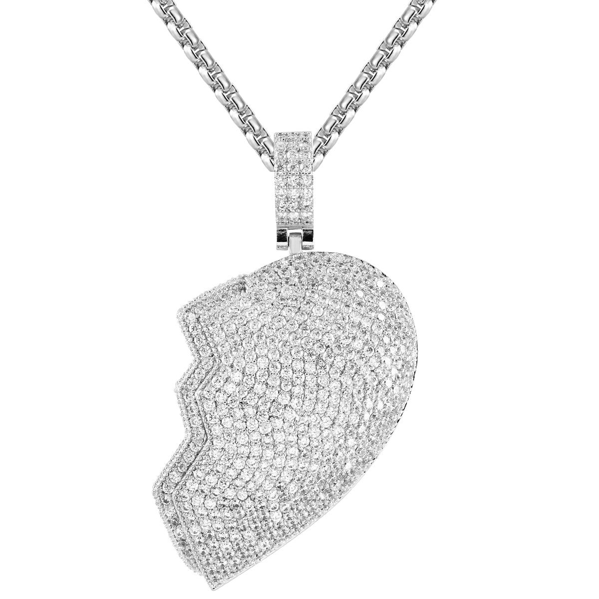 Mens Broken Love Heart 14k White Finish Hip Hop Pendant Chain sold by Master Of Bling