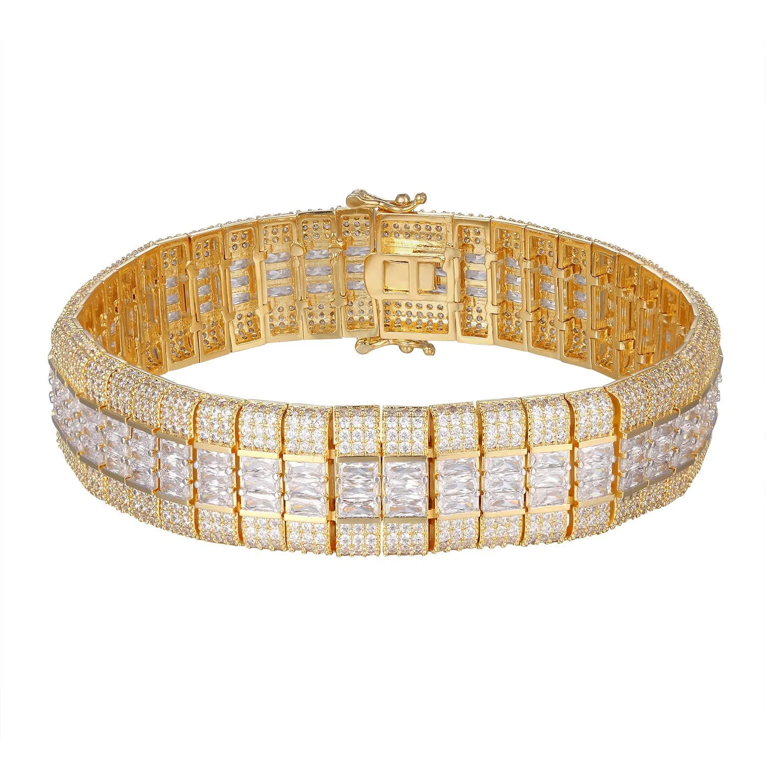 Designer Micro Pave Center Baguettes Gold Finish Mens Bracelet sold by Master Of Bling
