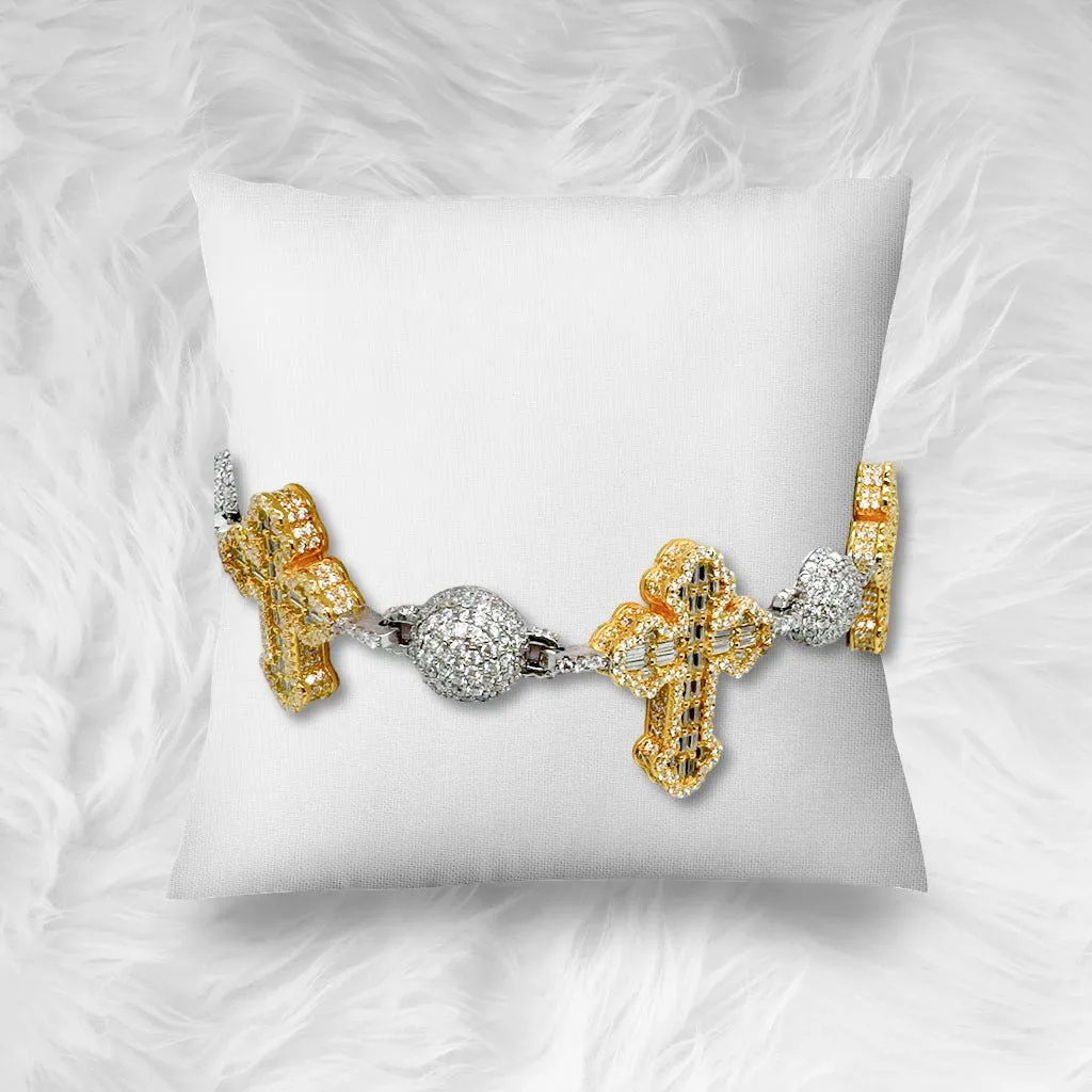 Bead Ball Cross Two Tone Gold Moissanite Iced Silver Bracelet sold by Master Of Bling product image thumbnail 2