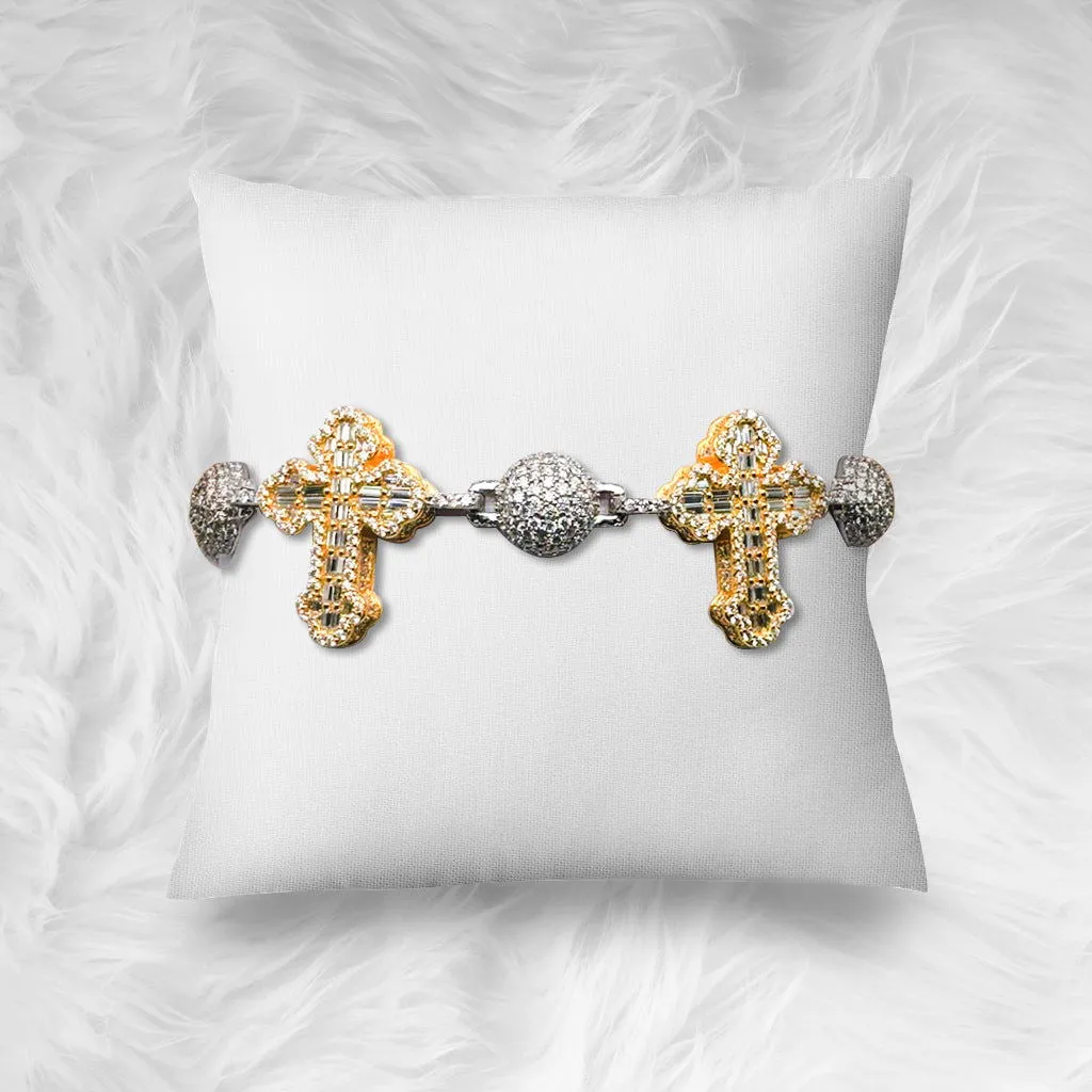 Bead Ball Cross Two Tone Gold Moissanite Iced Silver Bracelet sold by Master Of Bling