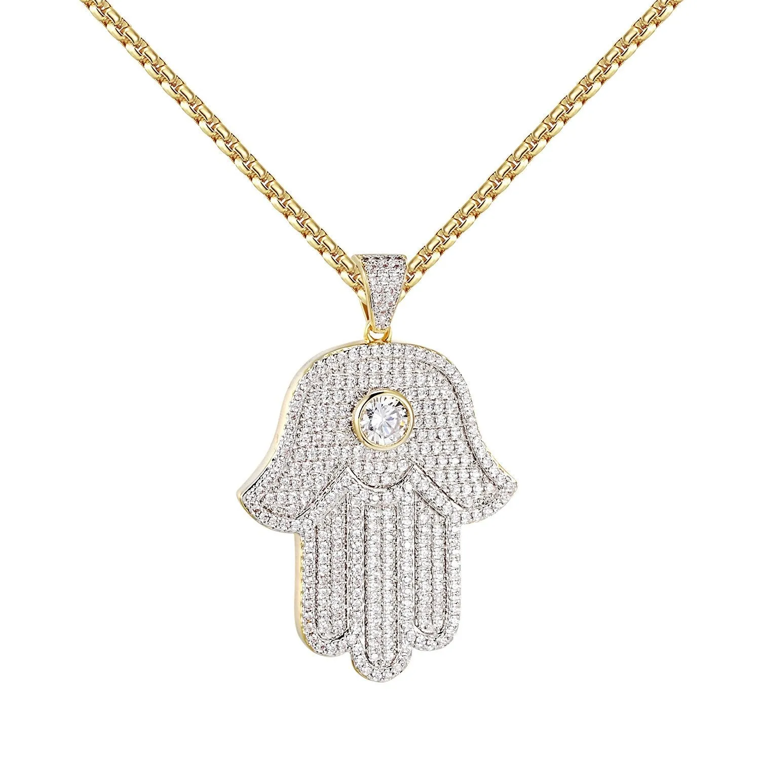 Solitaire Hamsa Hand Pendant Evil Eye Bling Sterling Silver Gold Finish Charm sold by Master Of Bling