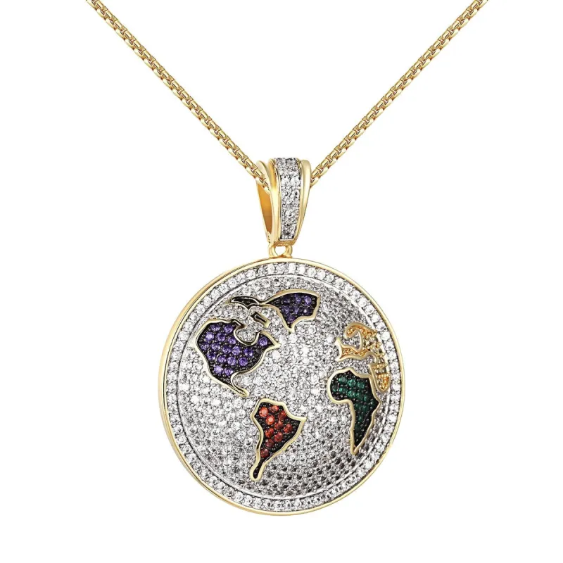 World Pendant  Simulated Diamonds Stainless Steel Necklace 24" sold by Master Of Bling