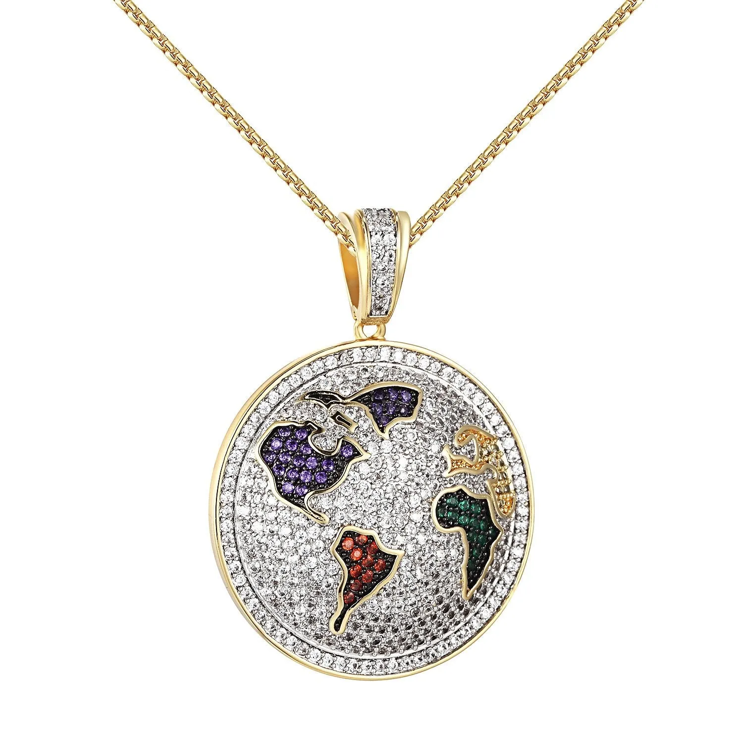World Pendant Simulated Diamonds Stainless Steel Necklace 24" sold by Master Of Bling
