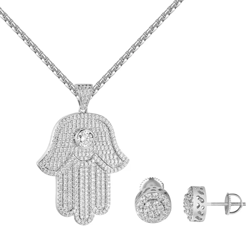 Solitaire Hamsa Hand Pendant Matching Earrings Free Chain Combo Set CZ sold by Master Of Bling