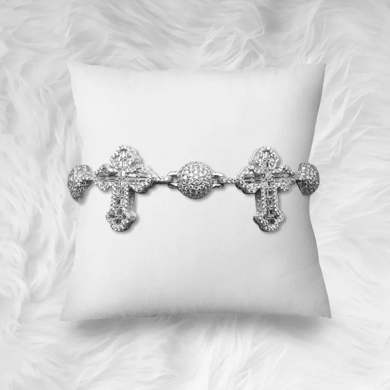 Bead Ball Cross Sterling Silver Moissanite Iced Bracelet sold by Master Of Bling