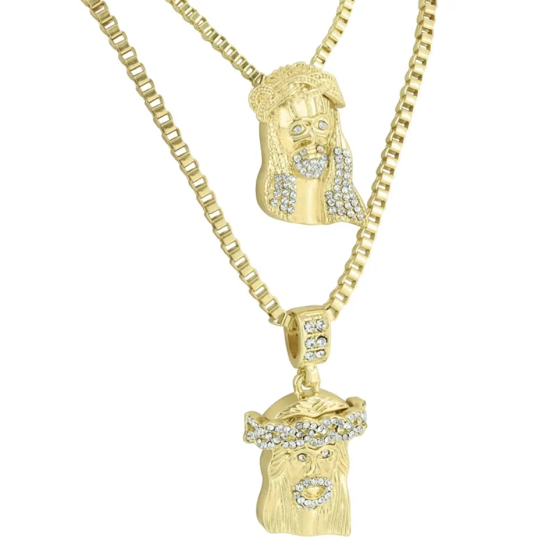 2 Piece Jesus Pendant Necklace Combo Set 14k Yellow Gold Finish sold by Master Of Bling