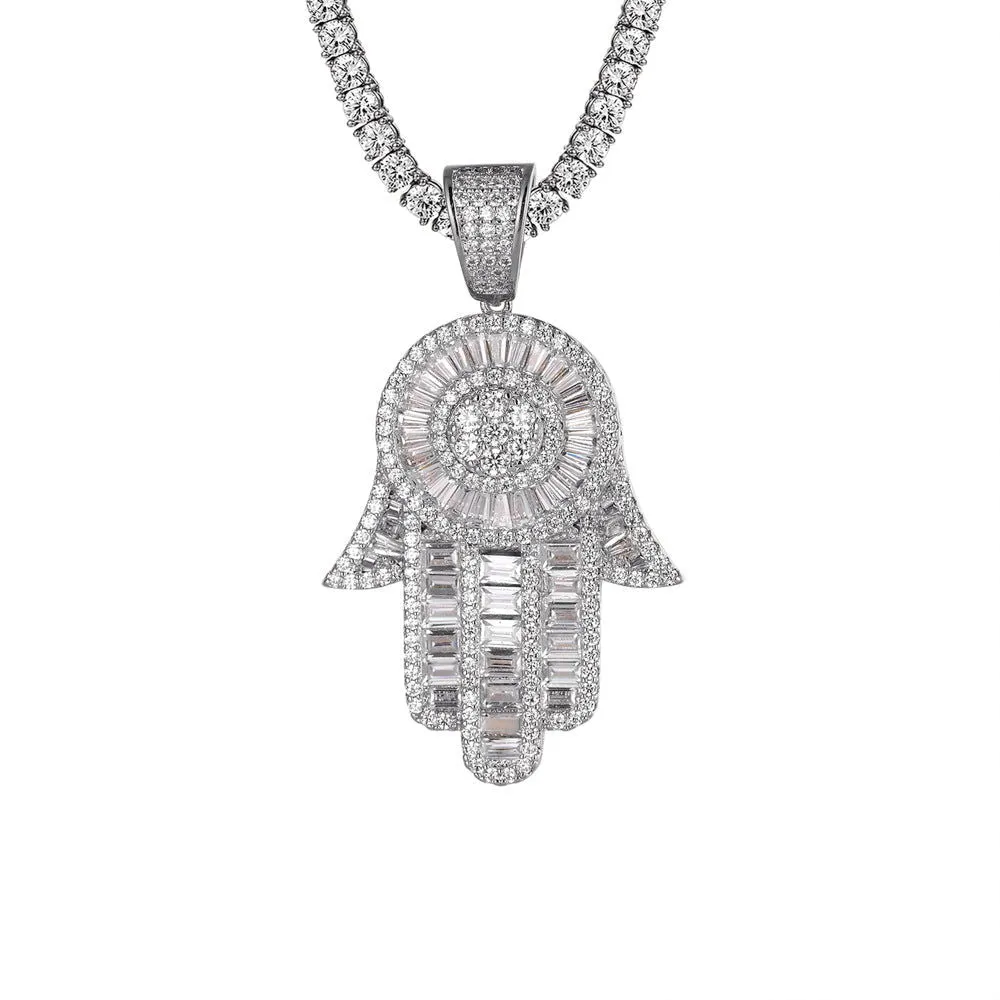 Baguette White Tone Hamsa Hand Bling Designer Charm Free Chain sold by Master Of Bling product image thumbnail 4