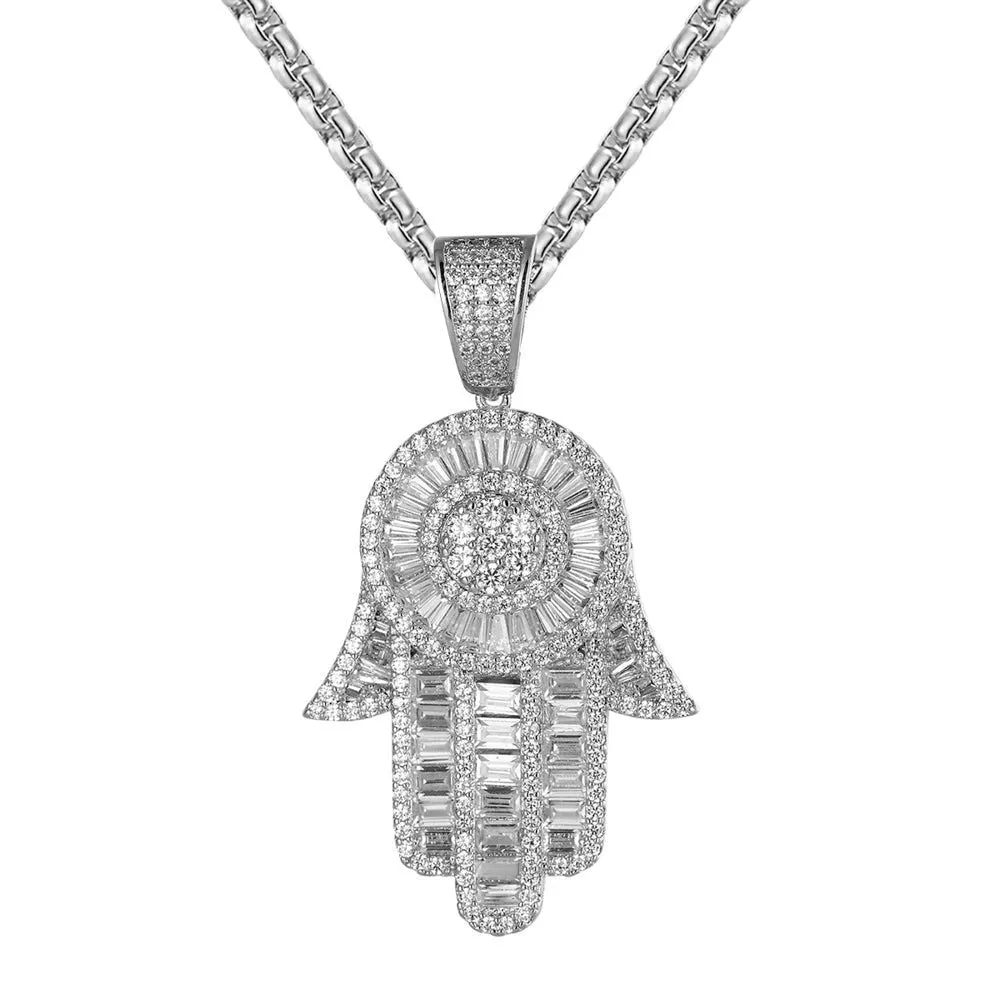 Baguette White Tone Hamsa Hand Bling Designer Charm Free Chain sold by Master Of Bling product image thumbnail 3