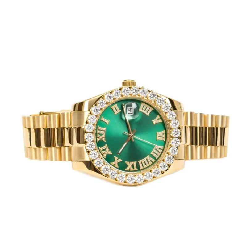 Moissanite VS Watch Roman Green Dial 14k Gold Tone Solitaire Bezel Custom sold by Master Of Bling