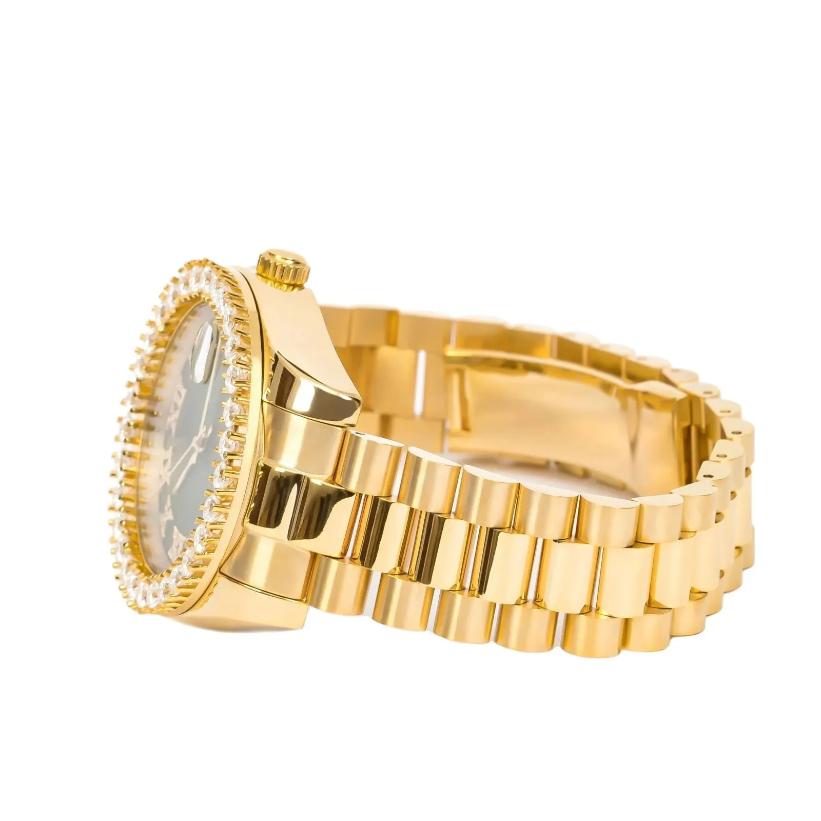 Moissanite VS Watch Roman Green Dial 14k Gold Tone Solitaire Bezel Custom sold by Master Of Bling product image thumbnail 2