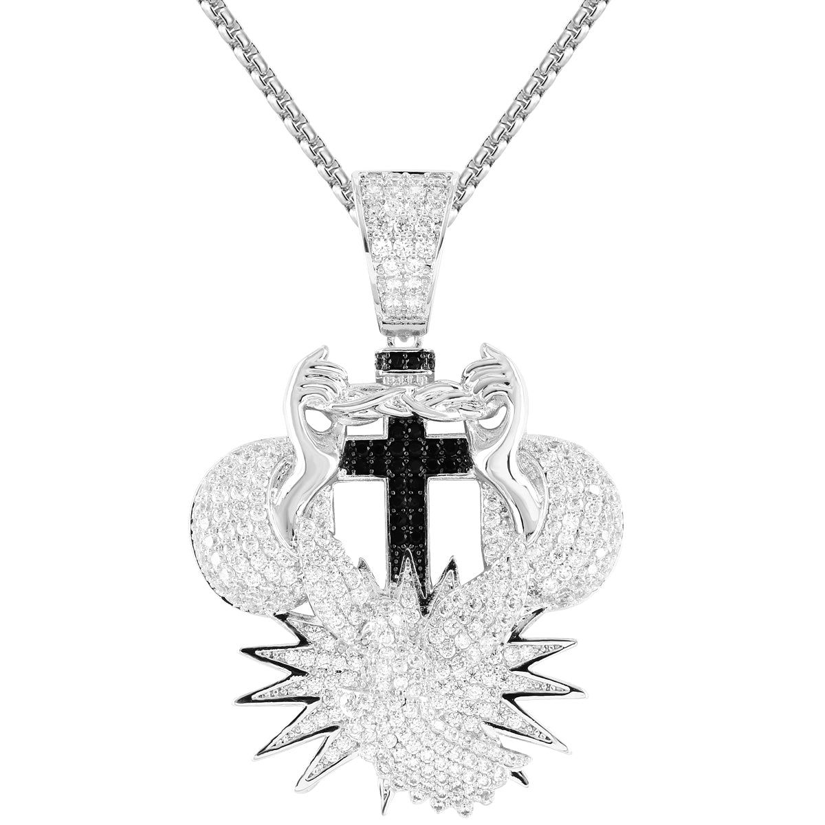 14K White Tone Hands Cross Peace Dove Religious Custom Pendant sold by Master Of Bling