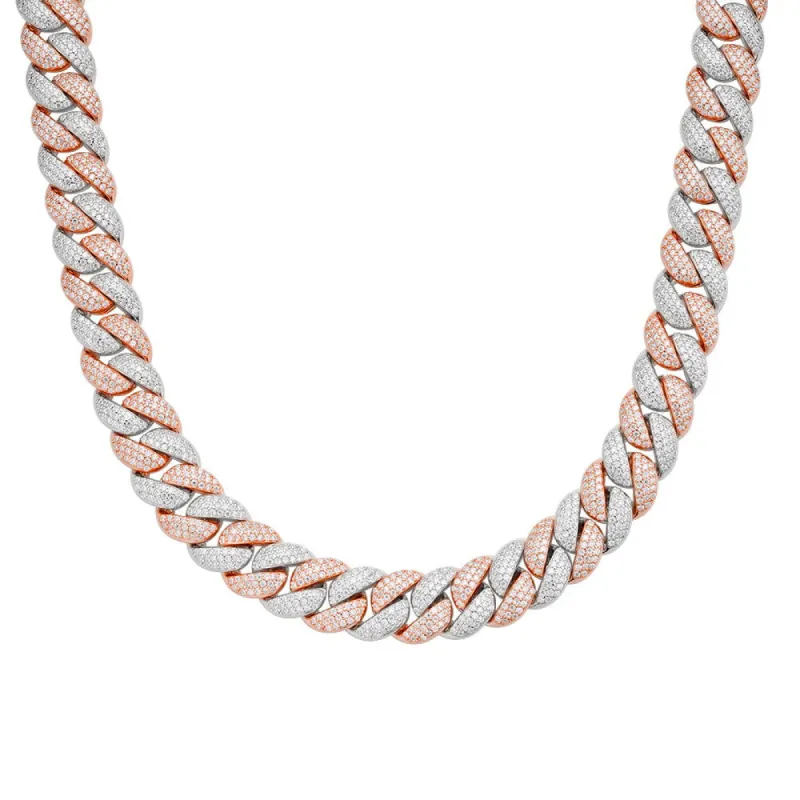 925 Silver Moissanite 12mm 22 Inch White Rose Two Tone Cuban Necklace sold by Master Of Bling