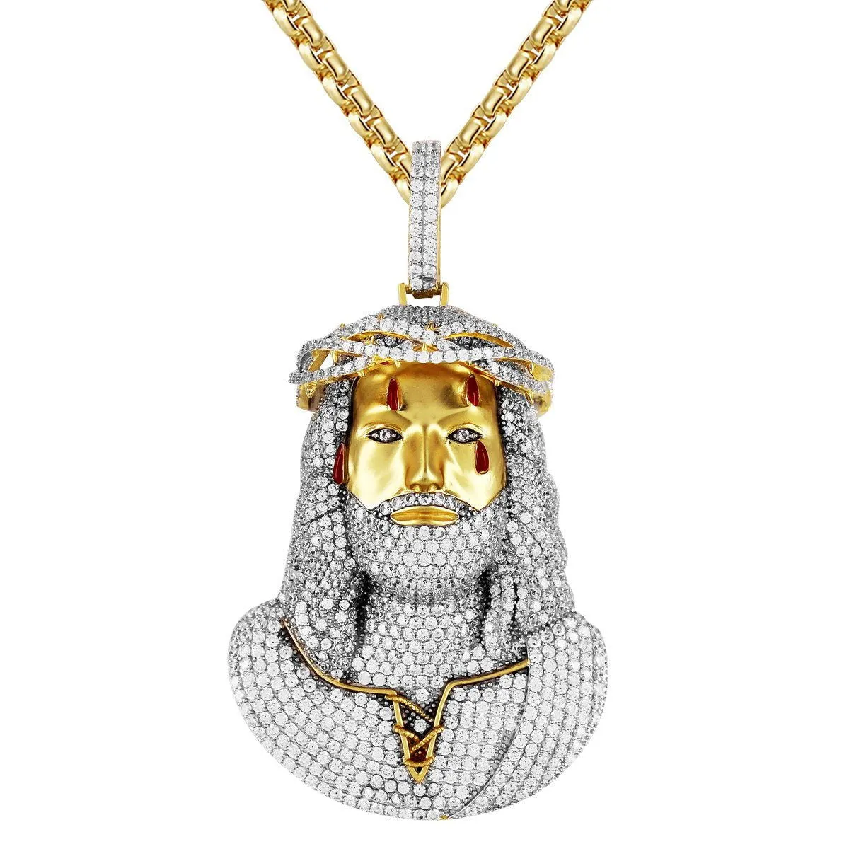 14K Gold Tone Holy Jesus Christ Bleeding Matte Face Pendant sold by Master Of Bling