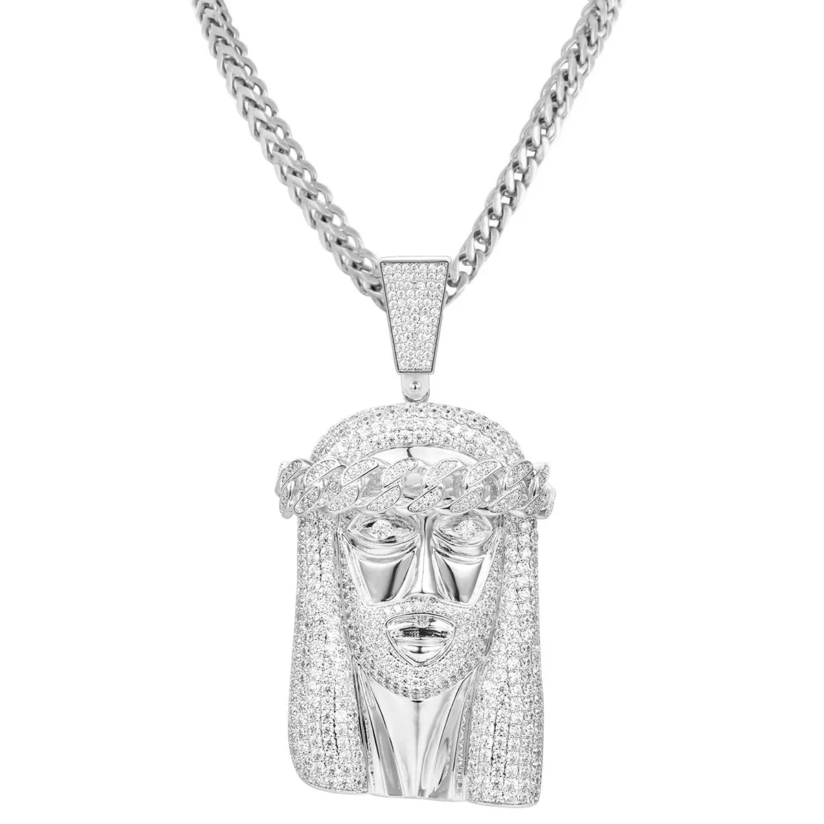 Religious Jesus Face Cuban Crown Pendant Franco Chain sold by Master Of Bling