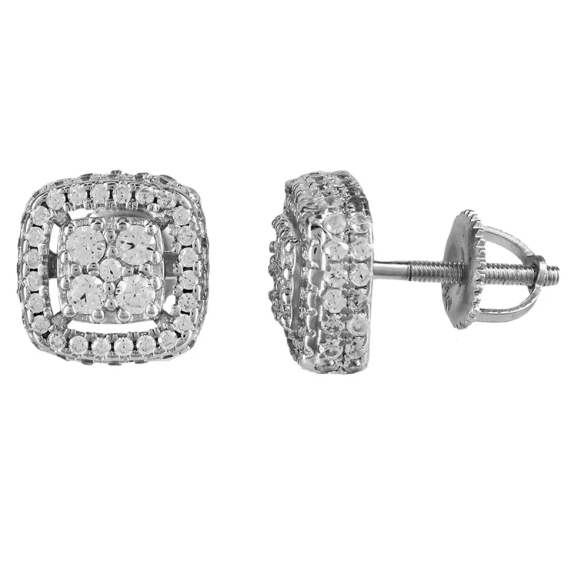 Icy Micro Pave Square Shape Silver Screw Back Earrings sold by Master Of Bling