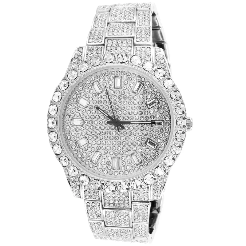 White Tone Steel Back Baguette Face Analog Designer Watch sold by Master Of Bling