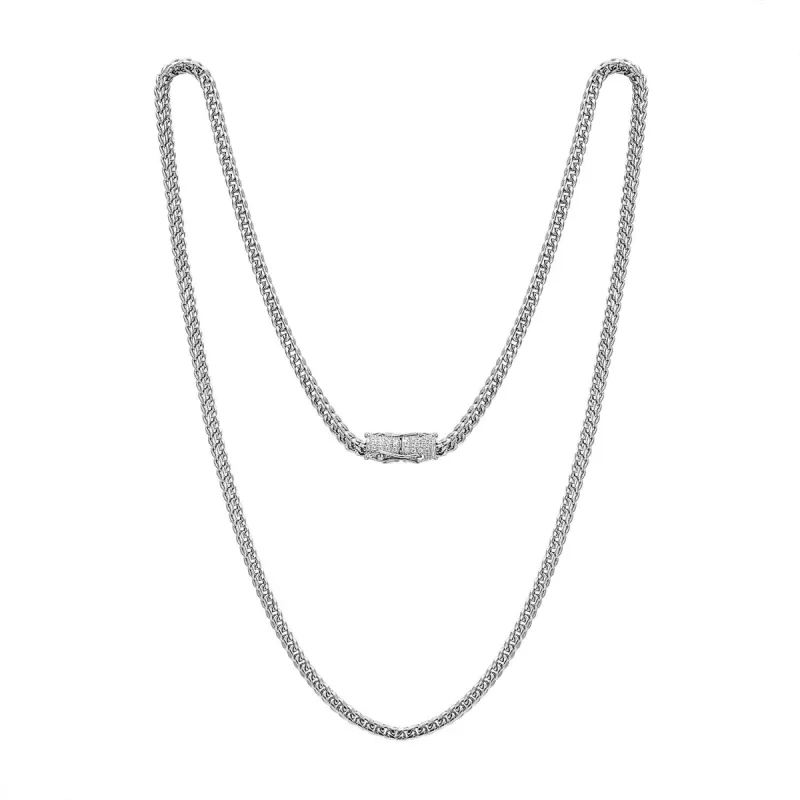 Stainless Steel 14k White Gold Finish 30" 4mm Franco Chain Custom Bling Lock Design sold by Master Of Bling