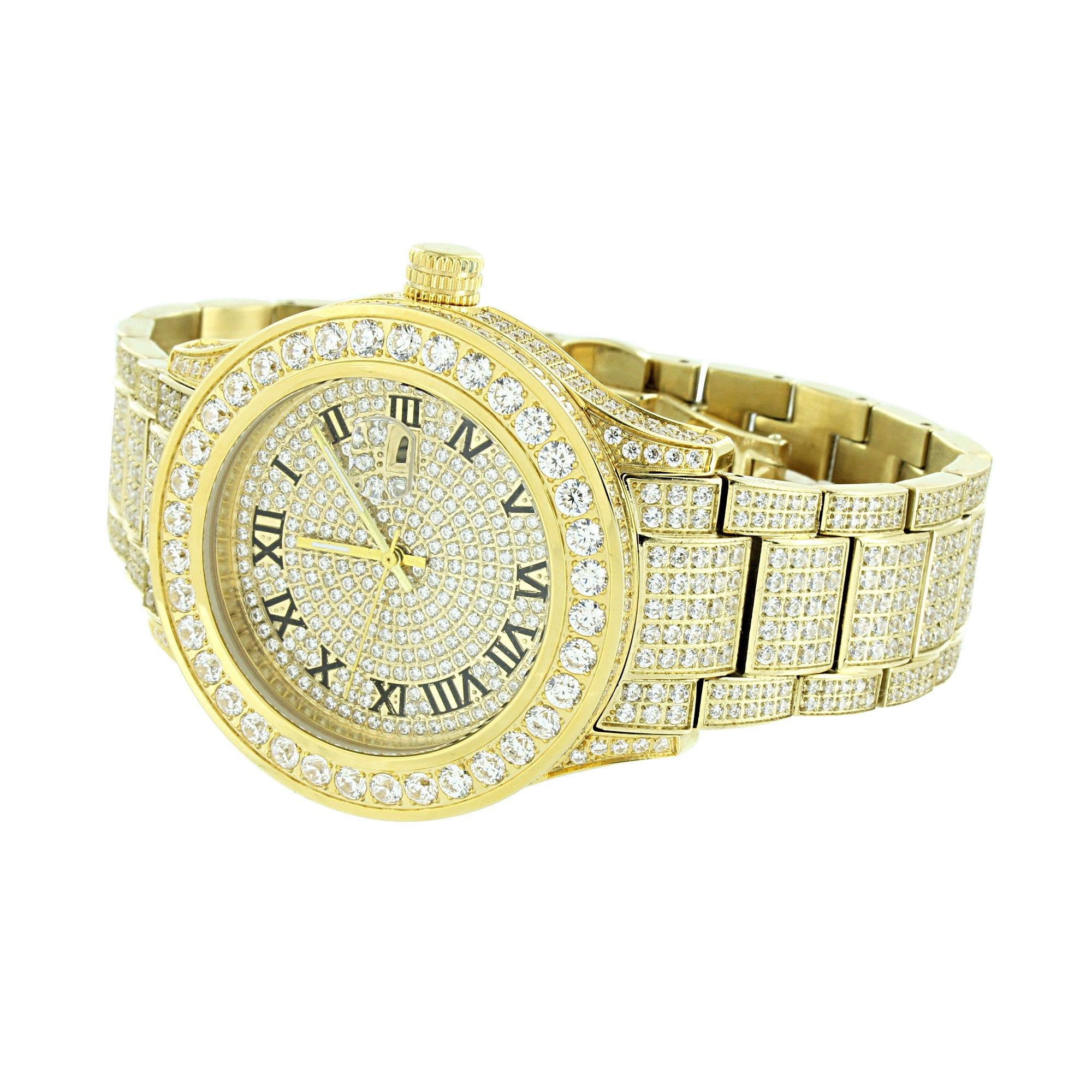 Mens Gold Finish Watch Solid Stainless Steel Round Cut sold by Master Of Bling product image thumbnail 3
