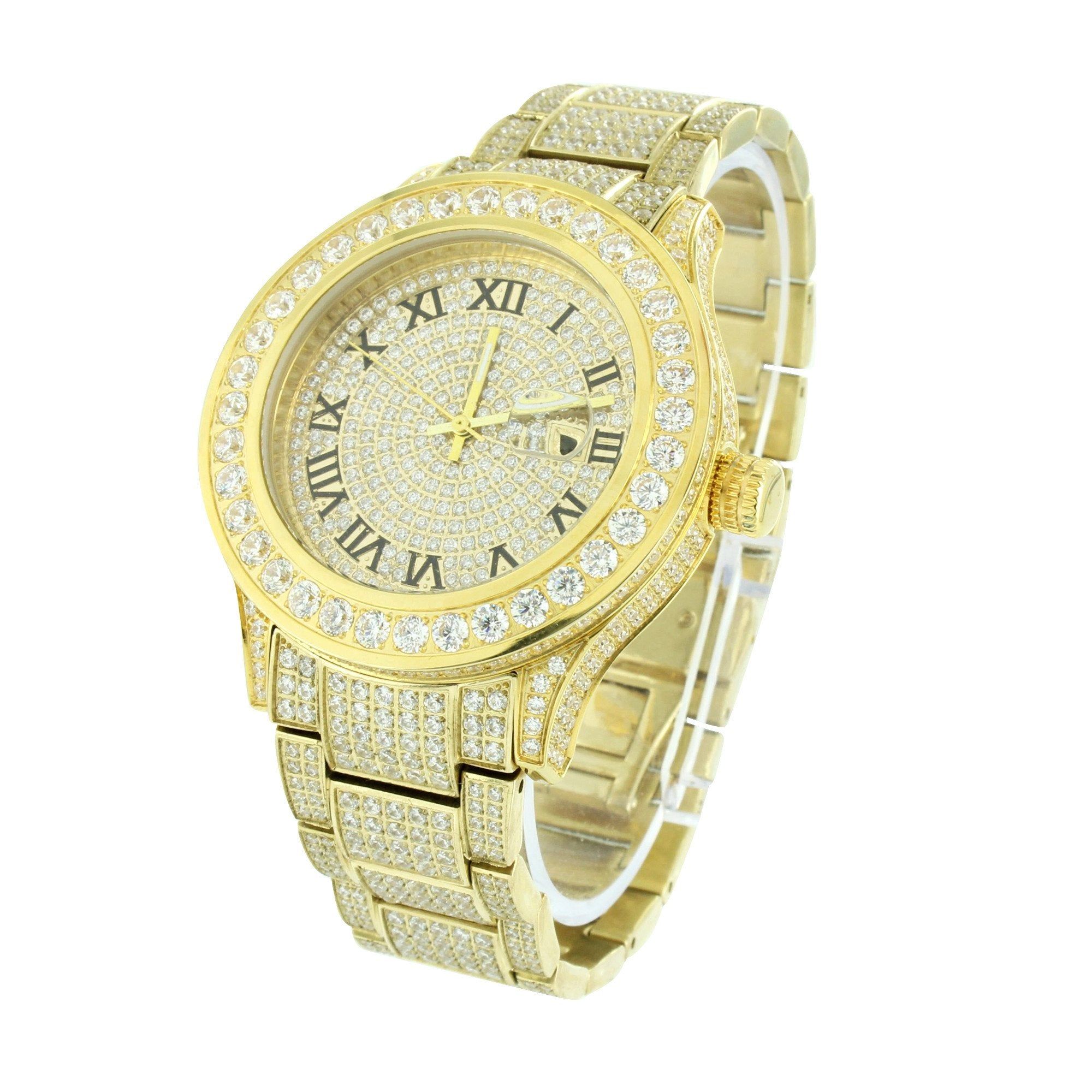Mens Gold Finish Watch Solid Stainless Steel Round Cut sold by Master Of Bling