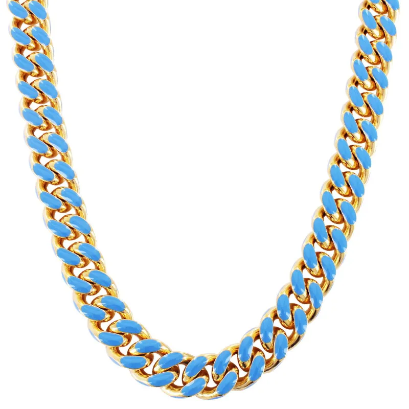 Gold Tone Blue Enamel Miami Cuban Link Box Lock Choker sold by Master Of Bling