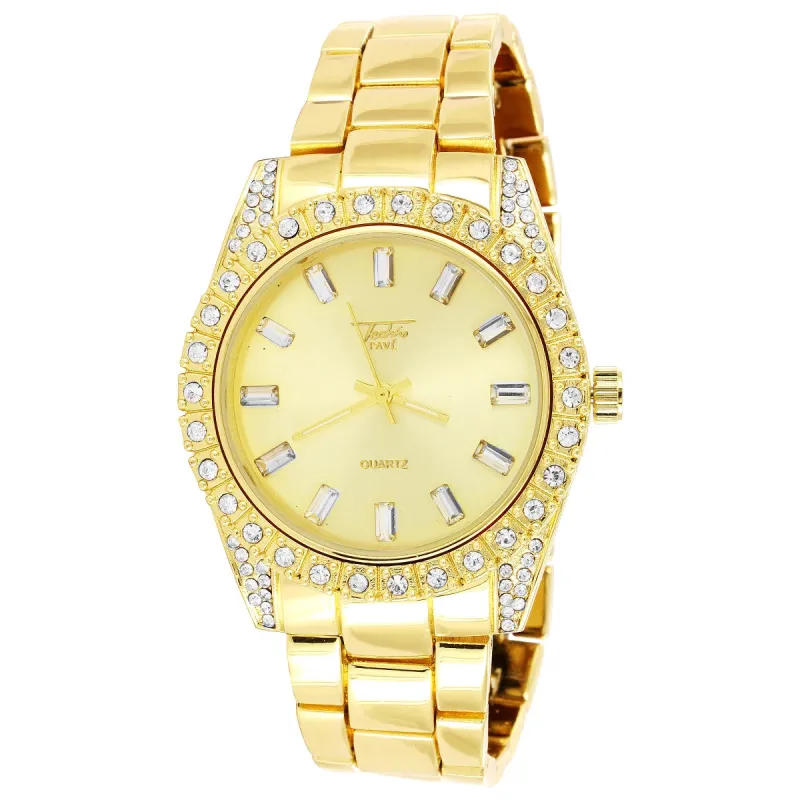 Men's Gold Finish Presidential Solitaire Prong Bezel Watch sold by Master Of Bling