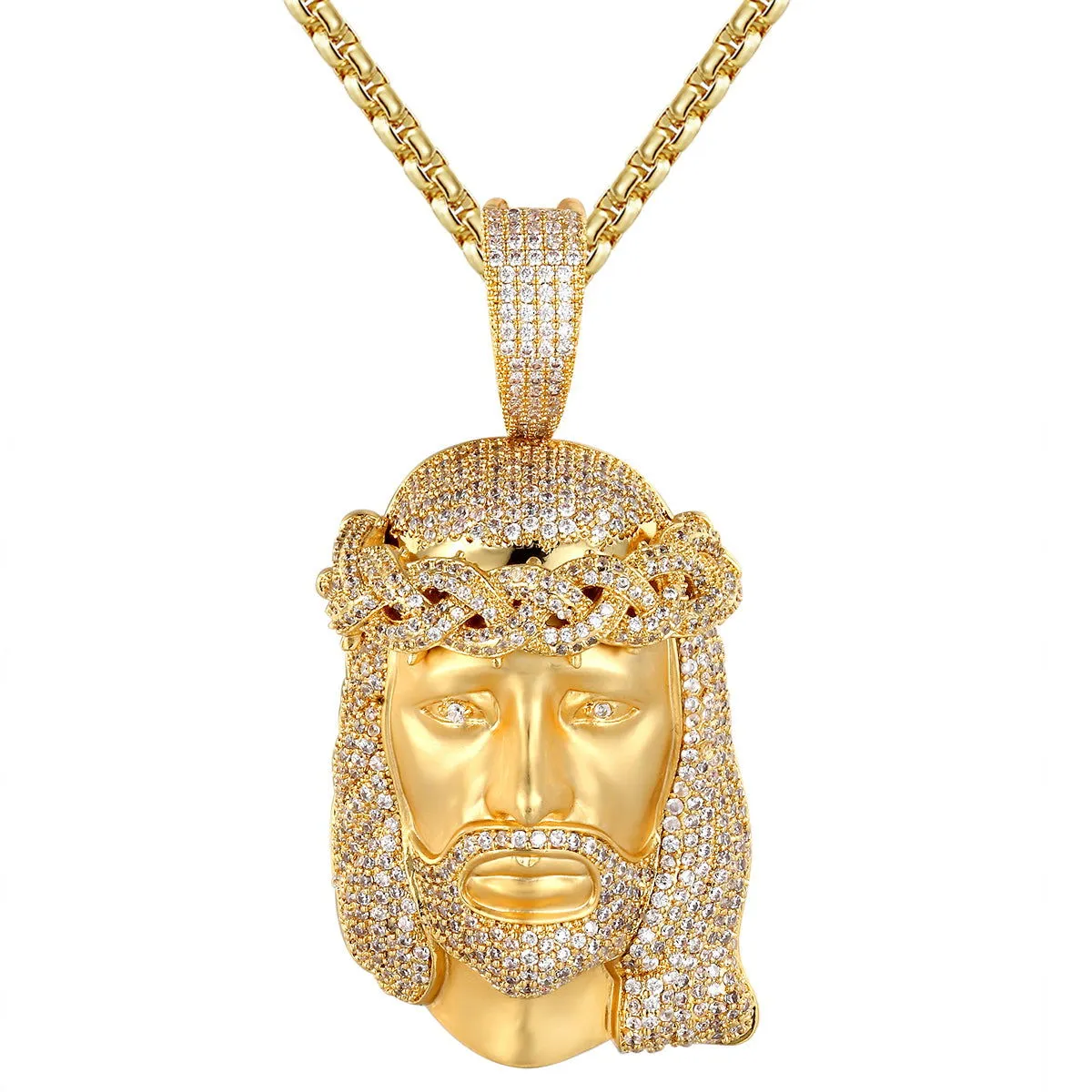 Jesus Matte Finish Face Bling Crown Religious Silver Pendant sold by Master Of Bling